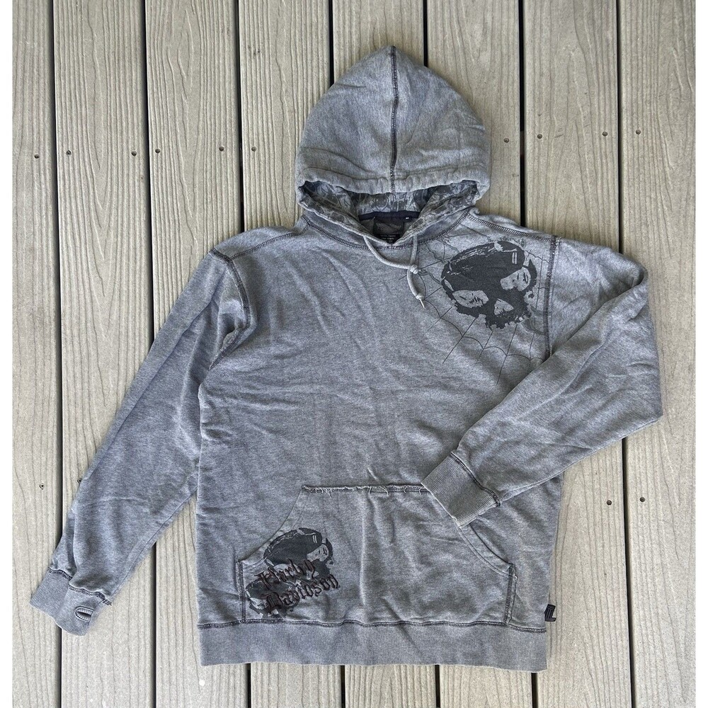 Harley Davidson Mens Willie G Skull Spiderweb Hoodie Sweatshirt Gray Biker Men M